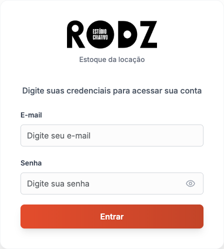 Tela de login do Estoque da locação com o wordmark Rodz e o botão Entrar laranja